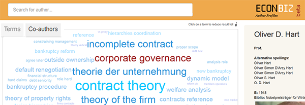 Screenshot sample profile of Oliver D. Hart in EconBiz Author Profiles